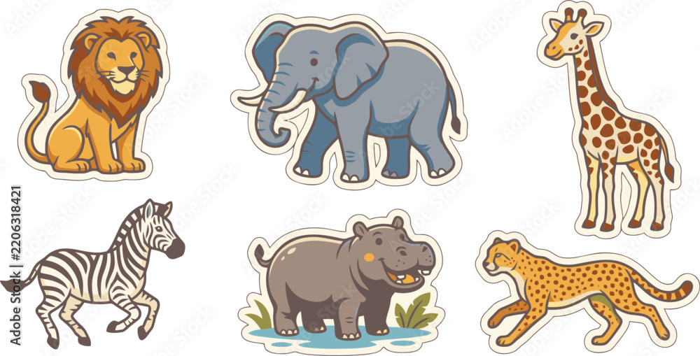 Obraz premium Animal Vector Illustration Set Featuring a Lion, Elephant, Giraffe, Zebra, Hippo, and Cheetah