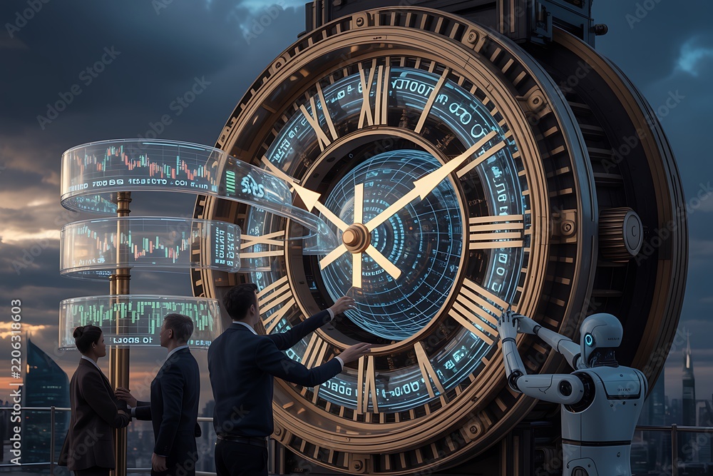 Obraz premium Business team and robot analyzing financial market data on a giant clock
