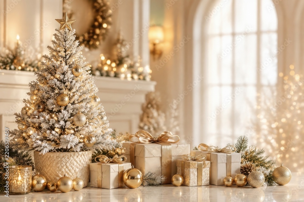 Fototapeta premium Elegant snowy Christmas tree with gold gifts in a festive interior