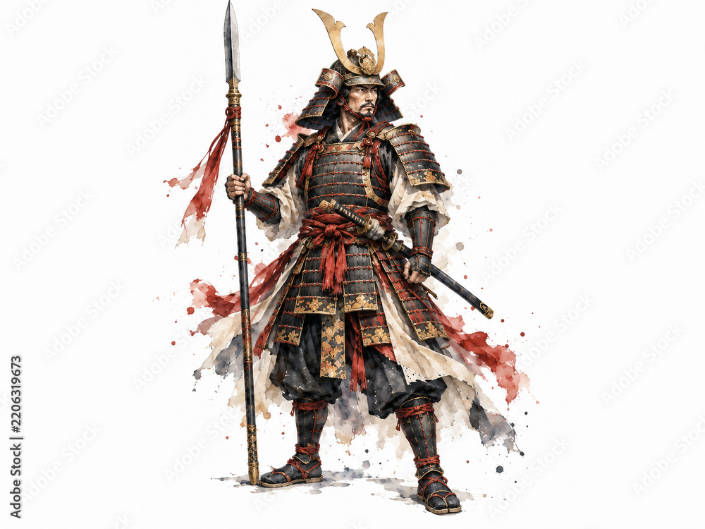 Fototapeta premium Dramatic samurai-inspired warrior in detailed historical armor with traditional weapons, red and black watercolor accents, isolated on white with copy space.