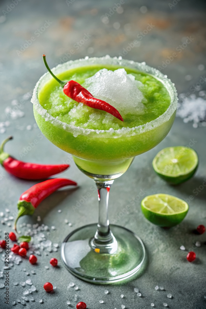 Obraz premium Vibrant frozen margarita with chili garnish in glass, salt rim. Refreshing frozen margarita with chili garnish has lime, ice. Perfect frozen margarita with chili garnish for menus.