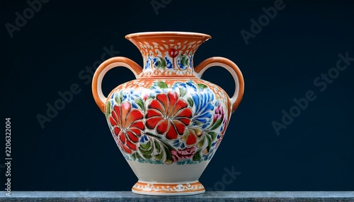 beautiful antique ceramic vase with colorful floral design on simple background