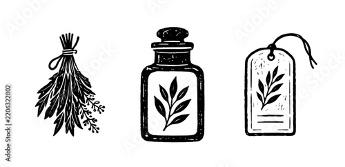 Herbalist collection featuring a tied dried herb bundle, corked apothecary bottle and botanical hanging label. Black textured linocut vector illustrations isolated on white.