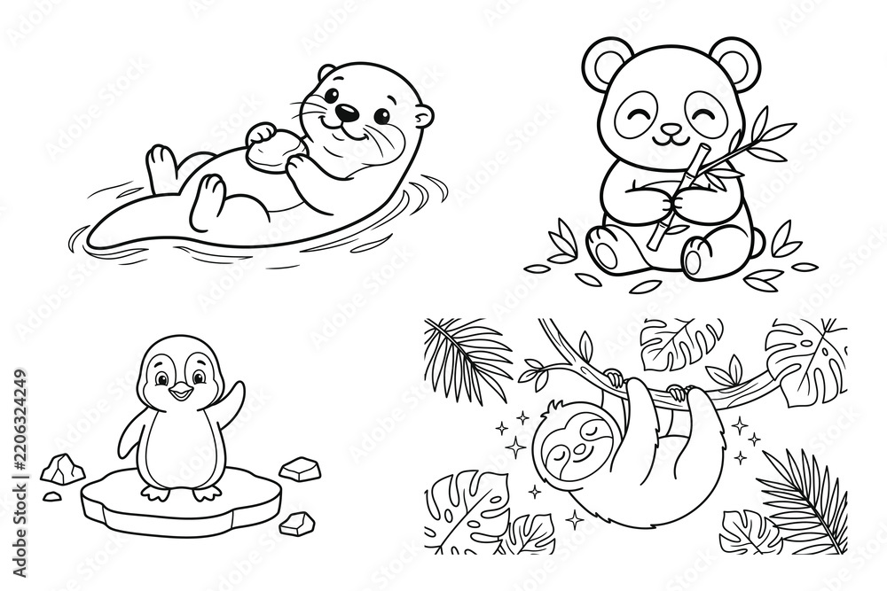 Obraz premium Cute water and jungle animals set vector coloring page