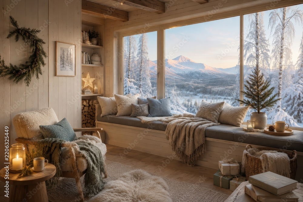Fototapeta premium Cozy Scandinavian cabin interior overlooking snowy mountain landscape