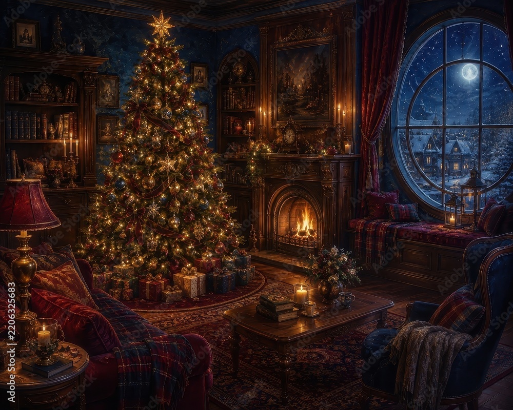 Fototapeta premium Cozy Christmas library interior with tree, fireplace, moonlit window