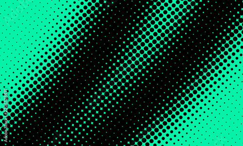 Abstract halftone pattern background with diagonal gradient transition from black dots to bright green color