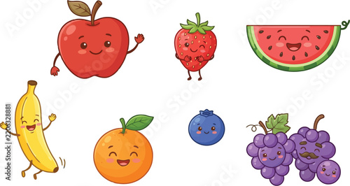 Delicious fresh fruits collection featuring cute cartoon characters with happy expressions for healthy food concepts.