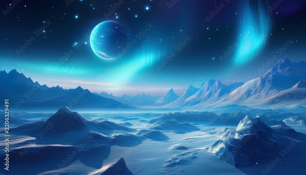 Fototapeta premium a blue aurora in space over an icy landscape with mountains and hills stars and planet