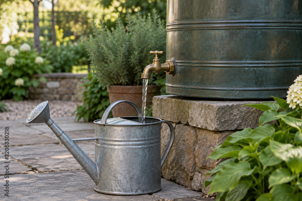 Obraz premium Rain barrel tap filling a metal watering can in a garden