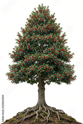 Tall mature Nellie R. Stevens Holly, dense dark-green foliage, abundant red berries, upright trunk and exposed roots, ultra-realistic 8K, sharp detailed image, isolated white background,