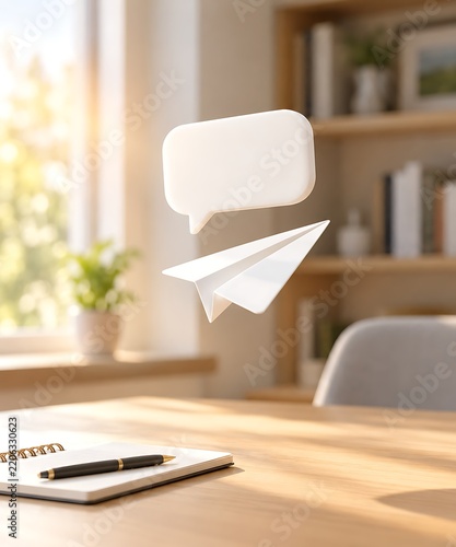 White paper airplane and speech bubble floating above workspace with copy space