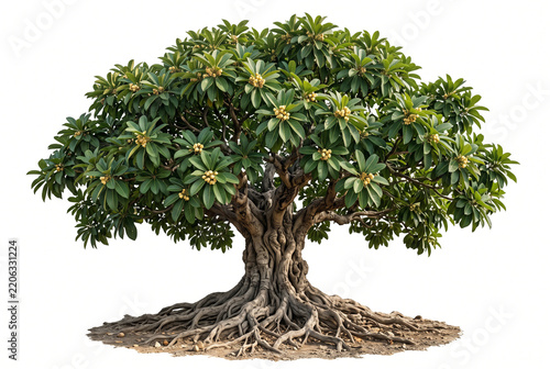 Large mature Mahua tree, dense rounded canopy, thick gnarled trunk, broad green leaves, flowers and detailed exposed roots, ultra-realistic 8K botanical photography, sharp focus,