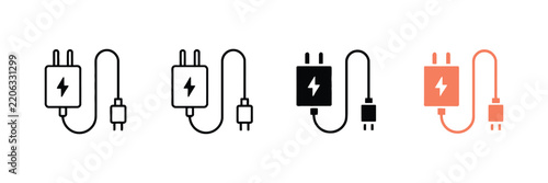 Charger Icons, Mobile Device Power Supply Symbols, Electronic Gadget Chargers, Battery Charging Indicators, USB Accessories, Portable Energy Solutions and Modern Technology Vector Illustration.