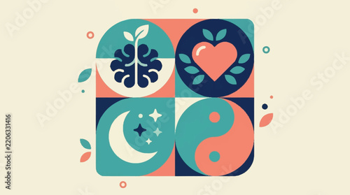 Flat vector icons of plant, heart, moon, and yin yang in a grid layout.