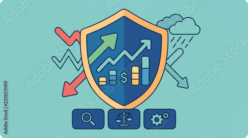 Financial security shield with growth chart and protection symbols.