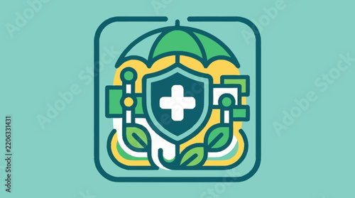 Green Medical Shield Icon With Cross And Leaf Elements.
