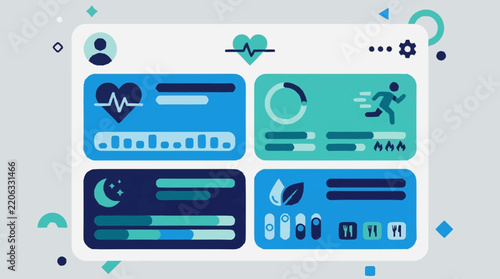 Health and fitness dashboard interface with activity tracking widgets.