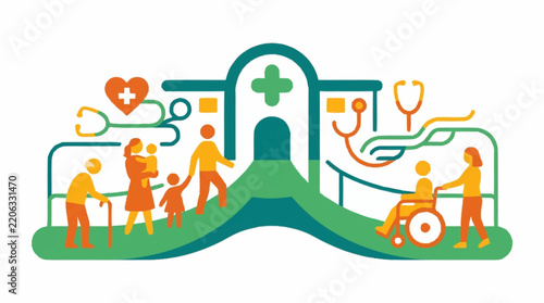 Healthcare community support and medical care illustration.