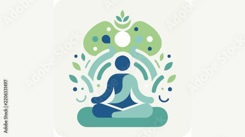 Flat Vector Illustration of Meditating Person with Nature Elements.