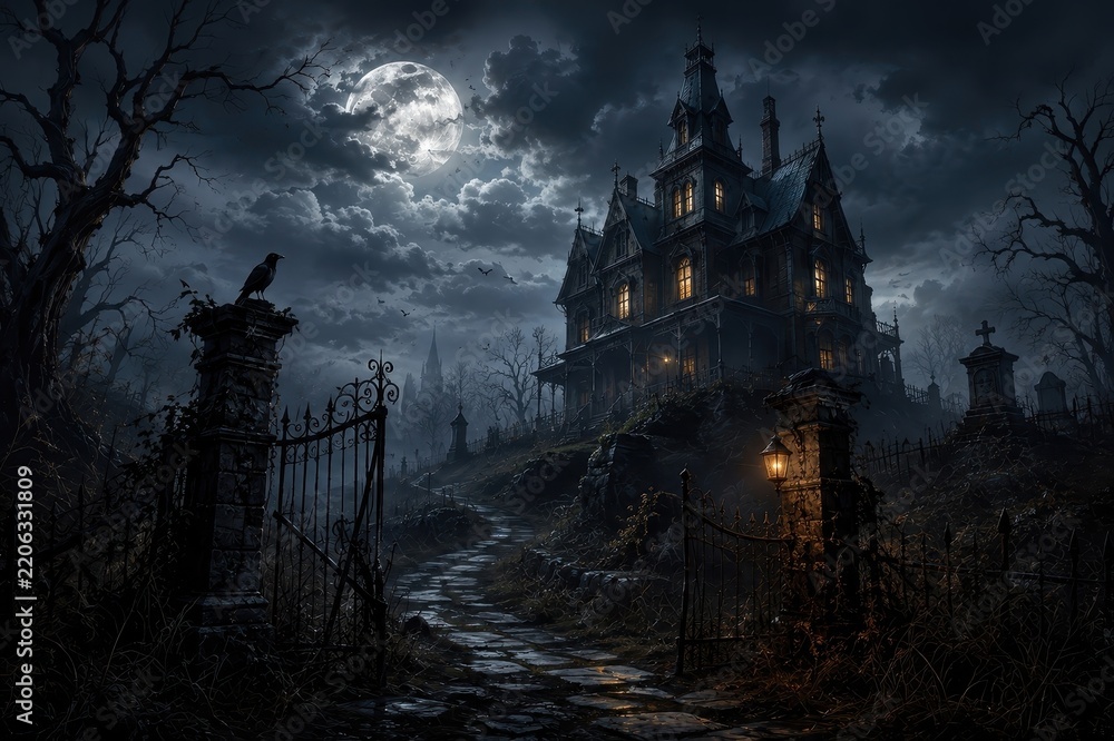 Obraz premium Moonlit gothic mansion beyond a haunted cemetery gate