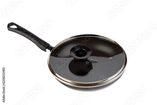 New Non-Stick Frying Pan with Glass Lid and Knob Parts Isolated on White