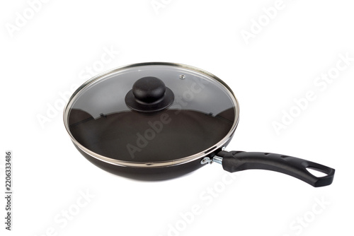 New Non-Stick Frying Pan Covered with Glass Lid Isolated on White