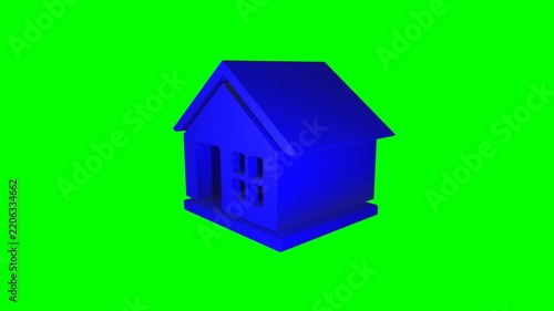 3D house security animation with orbiting padlock on green screen. 3D motion graphic animation depicting home protection, featuring padlock orbiting around house while spinning on its own axis.