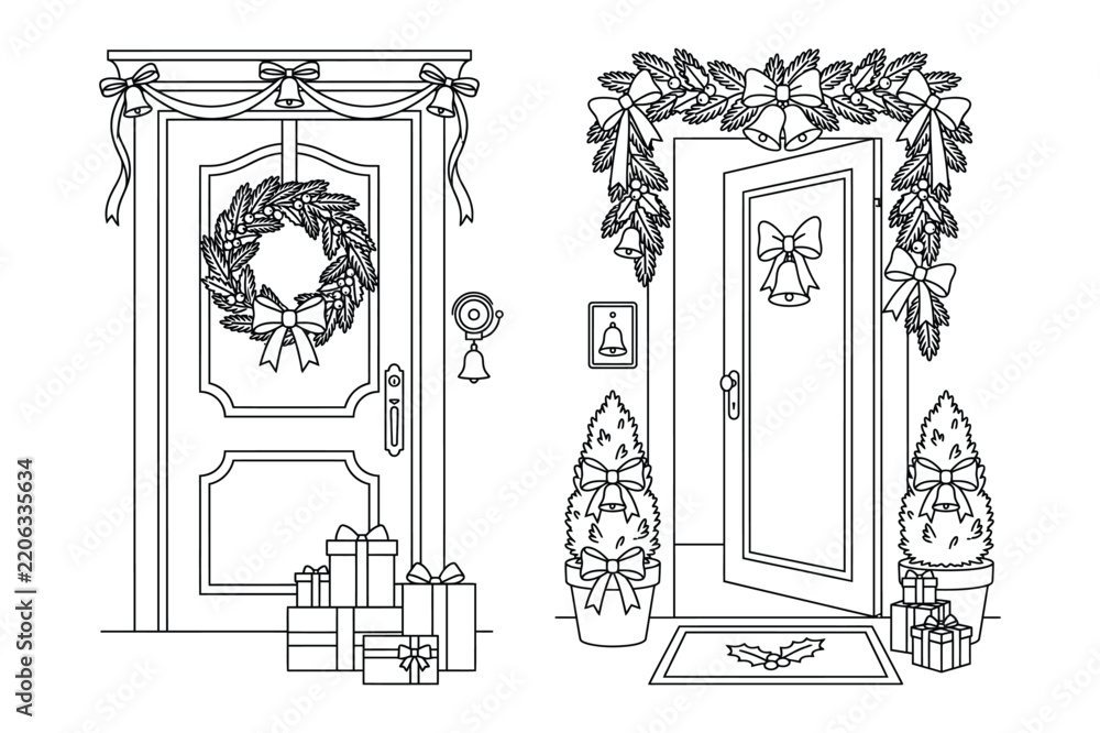 Obraz premium Front doors decorated with christmas wreaths garlands and gift boxes for festive