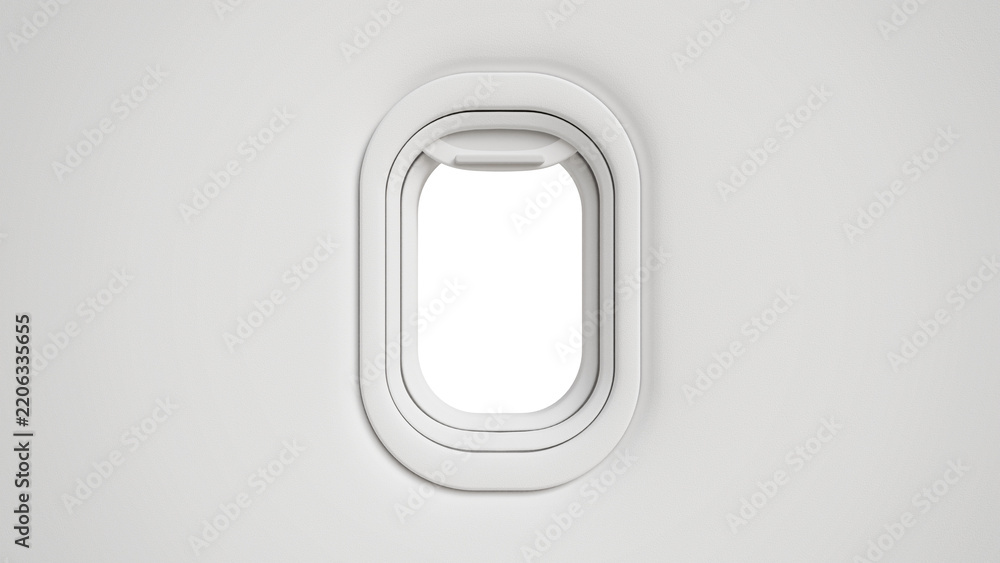 Obraz premium Airplane window on transparent background. Aircraft porthole view. Travel, Flight journey, air travel, aviation, vacation, tourism. 3d render