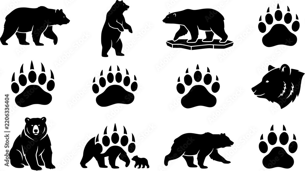 Obraz premium Bear & Bear Paw Silhouette Icon Set. Collection of nature & wildlife silhouettes, including bear & bear paw, detailed land mammal shapes, and more.