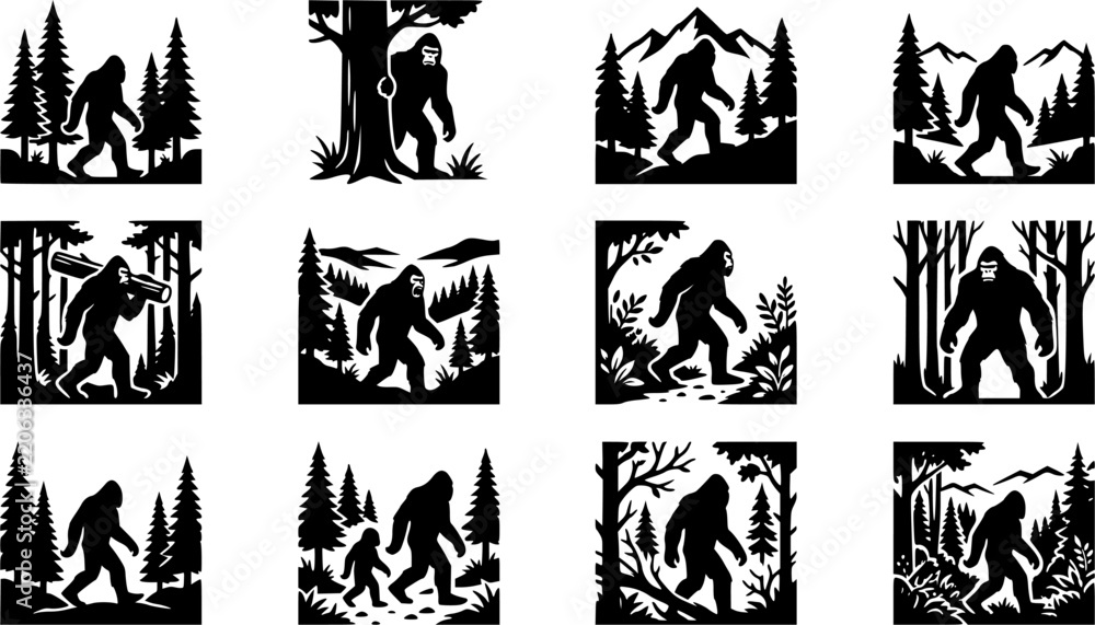 Fototapeta premium Bigfoot & Forest Silhouette Silhouette Icon Set. Collection of nature & wildlife silhouettes, including bigfoot & forest silhouette, detailed land mammal shapes, and more.
