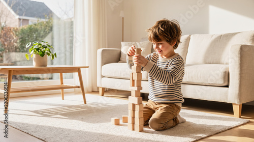 Child Building Wooden Block Tower at Home