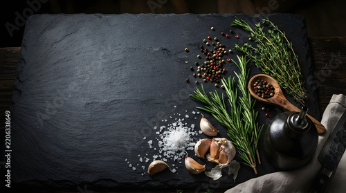Fresh gourmet ingredients arranged on slate for culinary presentation with transparent background