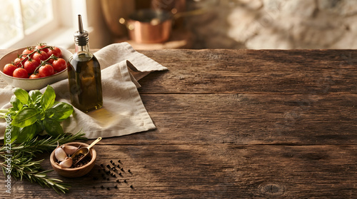 Fresh ingredients arrangement for rustic cooking on wooden table with transparent background
