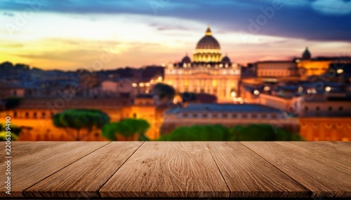 the empty wooden table top with blur background of rome exuberant image