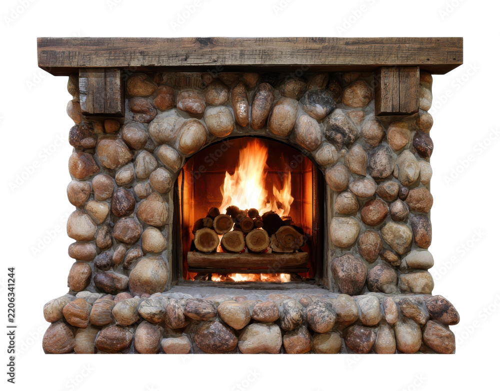Obraz premium PNG Rustic stone fireplace with warm burning fire and stacked logs
