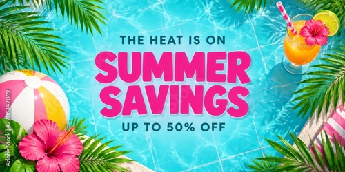 Summer Savings up to 50 Percent off at the Pool With Bright Colors and Tropic...