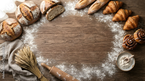 Fresh bakery products arranged on a wooden table with central copy space