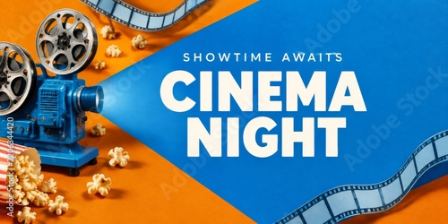 Cinema Night Event With a Projector and Popcorn on a Bright Background