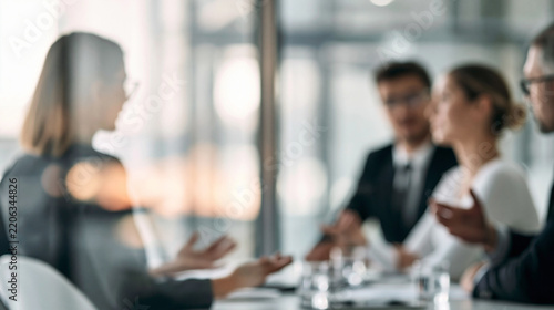 Business professionals having discussion in blurred modern corporate meeting room