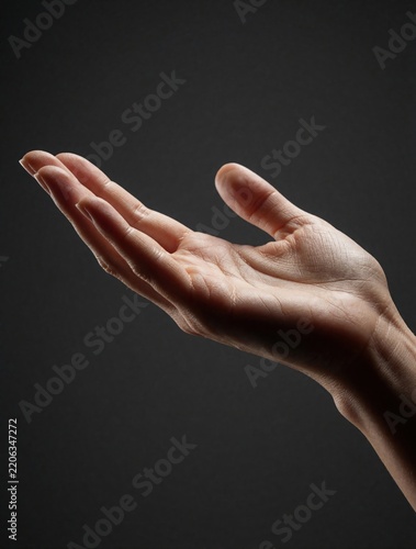 Close up of female hand with open palm facing up. Woman hand reaches out in gesture of offering help. Human skin texture visible against dark background. Person shows gesture of trust, welcoming,