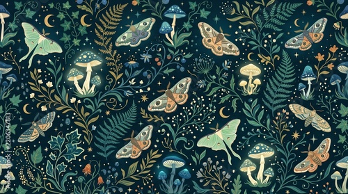 Whimsical nature pattern with moths, mushrooms, and foliage on dark background with copy space
