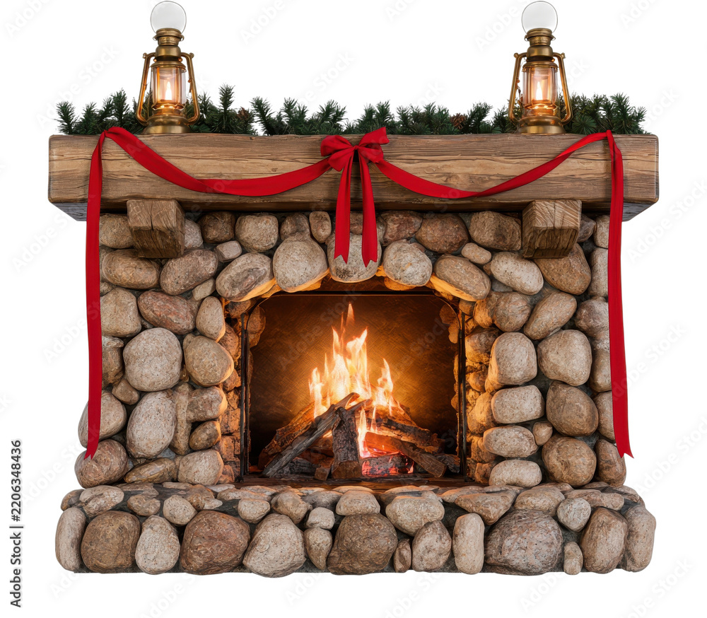 Obraz premium PNG Rustic stone fireplace with glowing fire, lanterns, red ribbon