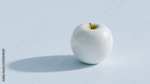 White apple casting a long soft shadow on a pale blue surface in minimalist studio lighting, isolated fruit still life with clean negative space composition