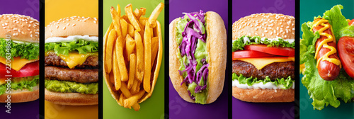 Colorful fast food collage with burgers, fries, hot dog, and sandwich arranged in vertical panels on vivid backgrounds, appetizing commercial food photography display