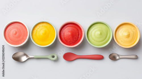 Colorful bowls of pink yellow red green and orange food with three spoons arranged in a row on a light background, top view food styling composition