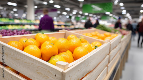 Fresh oranges arranged in wooden produce crates at a brightly lit supermarket, with shoppers and colorful fruit displays softly blurred in the background