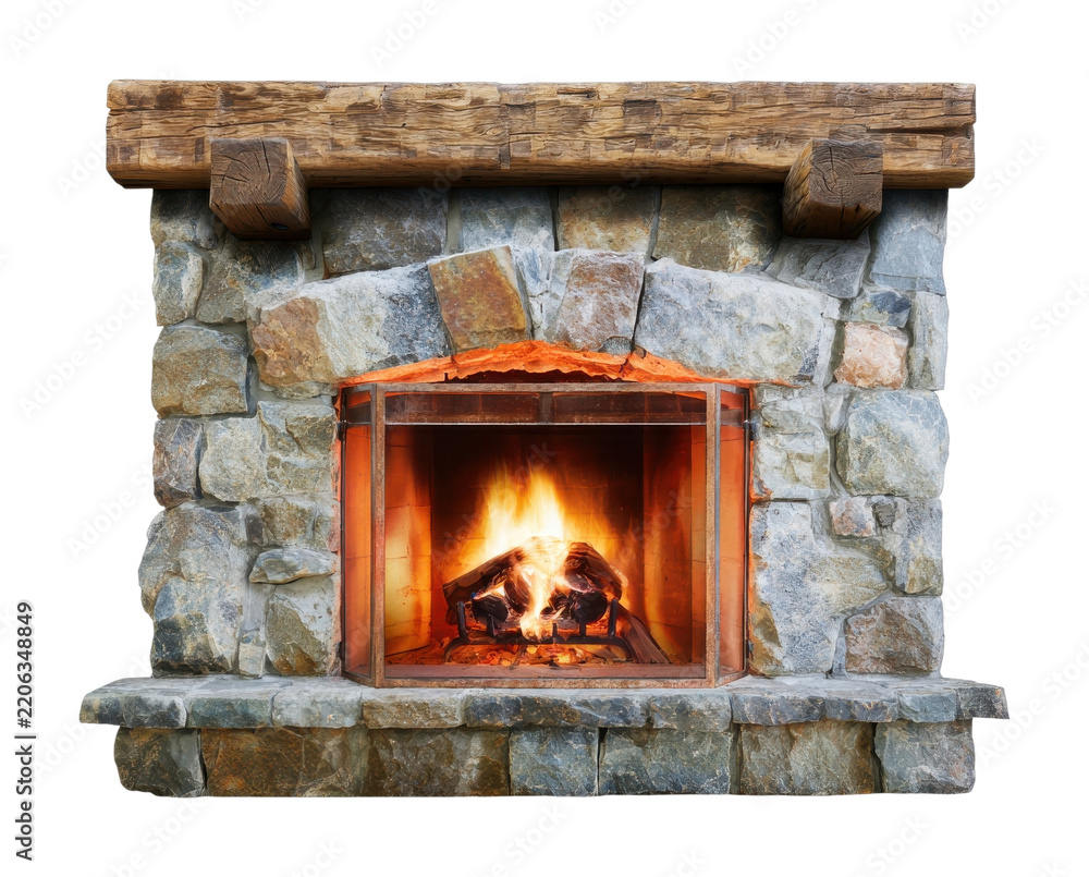 Obraz premium PNG Rustic stone fireplace with glowing fire and wooden mantel