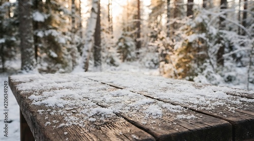 Rustic wooden table top with snow in a cold forest landscape during winter time for a cozy holiday background presentation